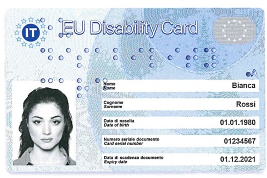 Un fac-simile della Disability Card