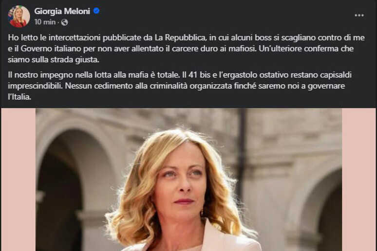 Il post di Meloni - RIPRODUZIONE RISERVATA