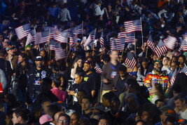 People wait for results of US 2024 presidential elections in Washington, DC