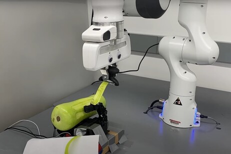 Il sistema robotico impegnato a pelare una piccola zucca (fonte: Tao Chen, YouTube)