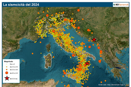 La mappa degli epicentri dei circa 17.000 terremoti localizzati dalla Rete Sismica Nazionale nel 2024(fonte: INGV)