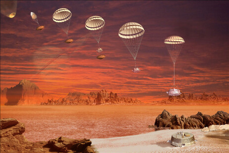 Rappresentazione artistica dell'arrivo della sonda europea Huygens su Titano, il 14 gennaio 2005 (fonte: ESA - D. Ducros)