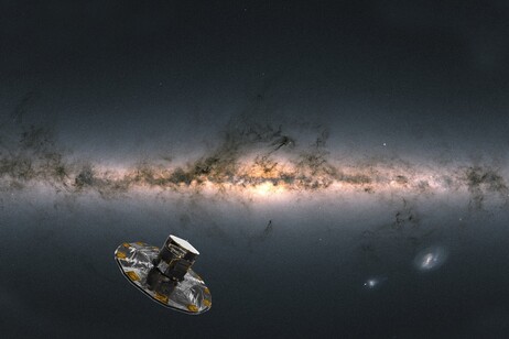 Rappresentazione artistica di Gaia nello spazio (fonte: Spacecraft: ESA/ATG medialab; Milky Way: ESA/Gaia/DPAC; CC BY-SA 3.0 IGO. Acknowledgement: A. Moitinho)