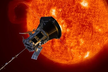 Rappresentazione artistica della sonda Parker davanti al Sole (fonte: NASA/Johns Hopkins APL/Steve Gribben)