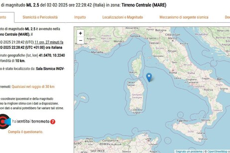 Scossa di terremoto al largo della Gallura, magnitudo 2.5 Non avvertito sulla costa, Olbia a 62 km di distanza