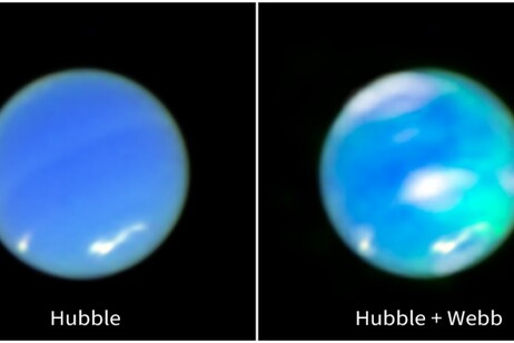 Le aurore su Nettuno appaiono come macchie color ciano (fonte: NASA, ESA, CSA, STScI, H. Hammel AURA, H. Melin Northumbria University, L. Fletcher University of Leicester, S. Milam NASA-GSFC)