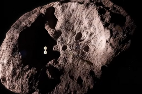 Rappresentazione artistica dell'incontro ravvicinato della sonda Lucy con l'asteroide  Donaldjohanson (fonte: NASA)