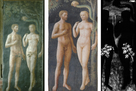 La scena dei Progenitori di Masolino da Panicale (a) con le foglie censorie del 1642; (b) dopo il restauro degli anni ’80 (©Ottaviano Caruso); (c) risultato del mapping XRF per l’Arsenico (©SCITEC di Perugia)&nbsp;