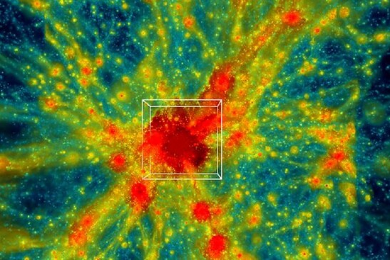 Un esempio della simulazione dell'espansione dell'universo. La regione nel riquadro è ricca di ammassi di galassie (fonte: Argonne National Laboratory, U.S Dept of Energy)