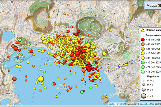 Mappa dei terremoti registrati nell'area dei Campi Flegrei dall'inizio del 2025 (fonte: Gossip/Osservatorio Vesuviano/INGV)