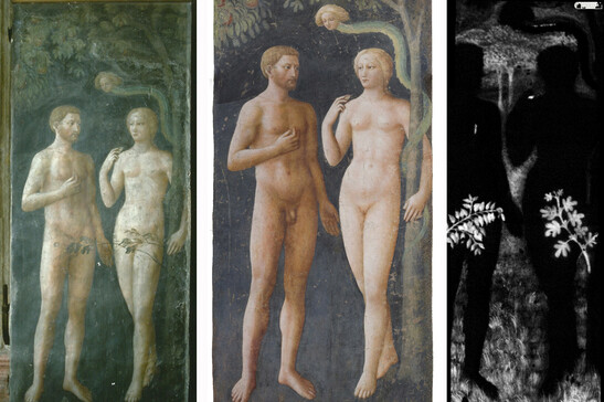 La scena dei Progenitori di Masolino da Panicale (a) con le foglie censorie del 1642; (b) dopo il restauro degli anni ’80 (©Ottaviano Caruso); (c) risultato del mapping XRF per l’Arsenico (©SCITEC di Perugia)&nbsp;