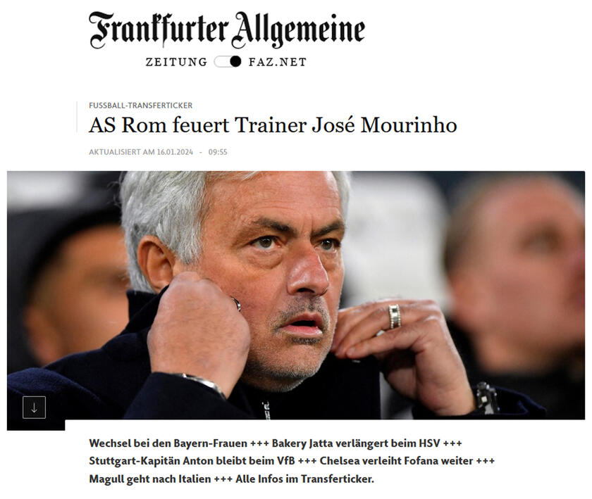 ESONERATO MOURINHO - Rassegna stampa online: FRANKFUTER ALLGEMEINE - RIPRODUZIONE RISERVATA