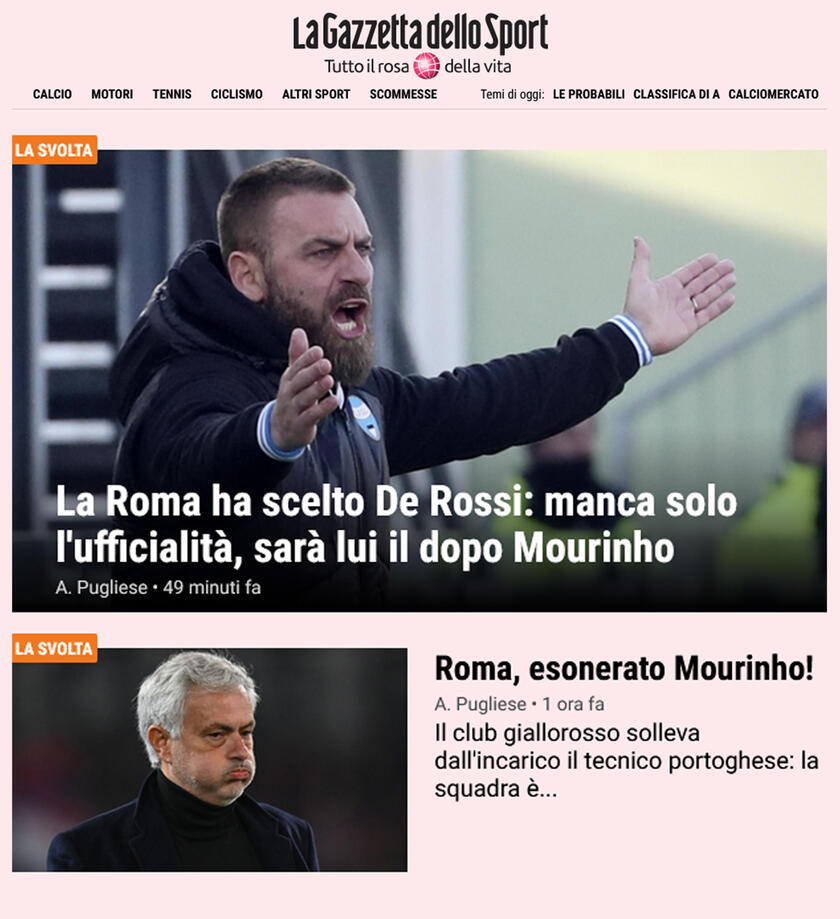 ESONERATO MOURINHO - Rassegna stampa online: LA GAZZETTA DELLO SPORT - RIPRODUZIONE RISERVATA