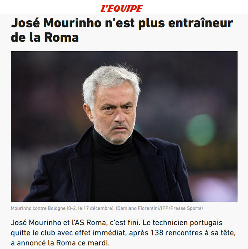 ESONERATO MOURINHO - Rassegna stampa online: L 'EQUIPE - RIPRODUZIONE RISERVATA