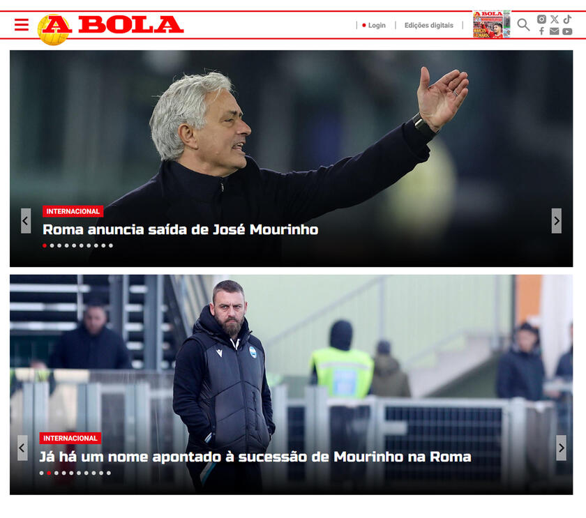 ESONERATO MOURINHO - Rassegna stampa online: A BOLA - RIPRODUZIONE RISERVATA