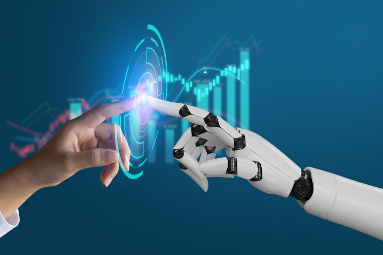 AI, Machine learning, robot hand ai artificial intelligence assistance human touching on big data network connection background, Science artificial intelligence technology, innovation and futuristic. - RIPRODUZIONE RISERVATA